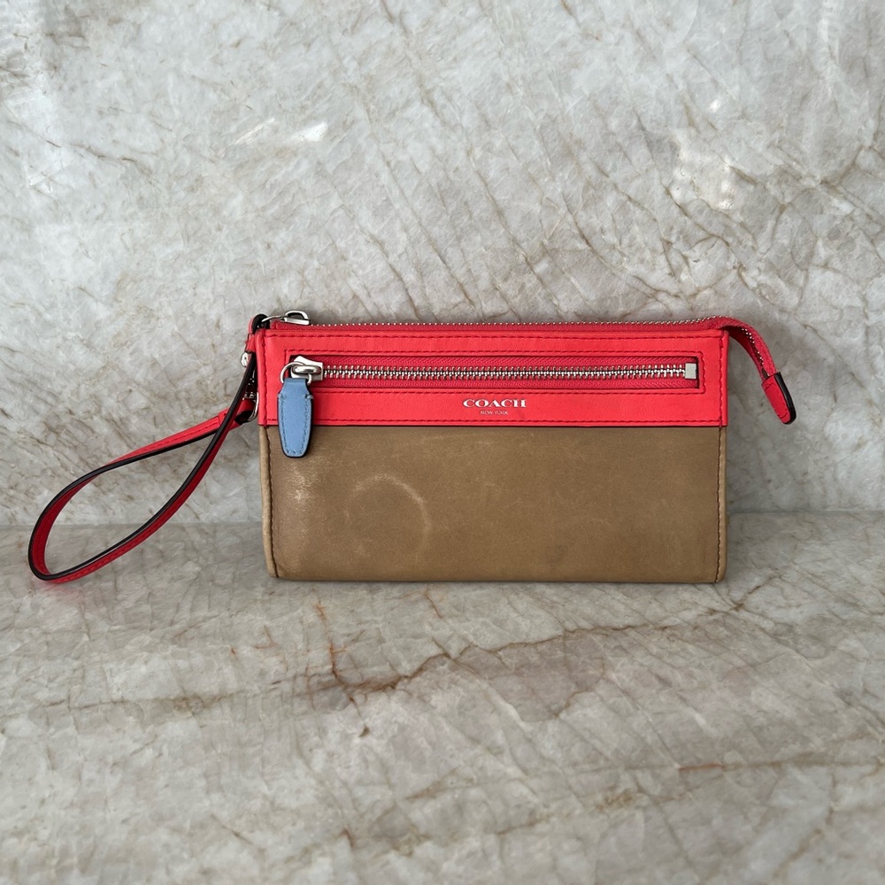 Tan Coach Wallet Wristlet with Bright Pink Coral and Blue Accent Colors